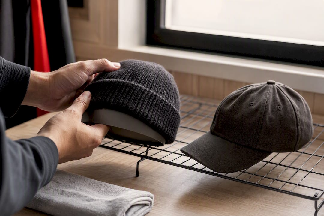 Hands reshaping beanie beside hat