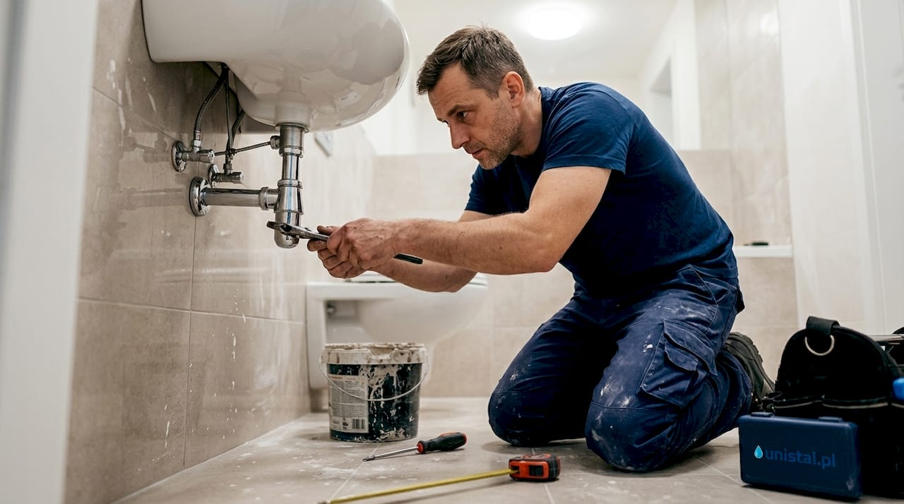 Hydraulik instaluje nową armaturę w łazience.