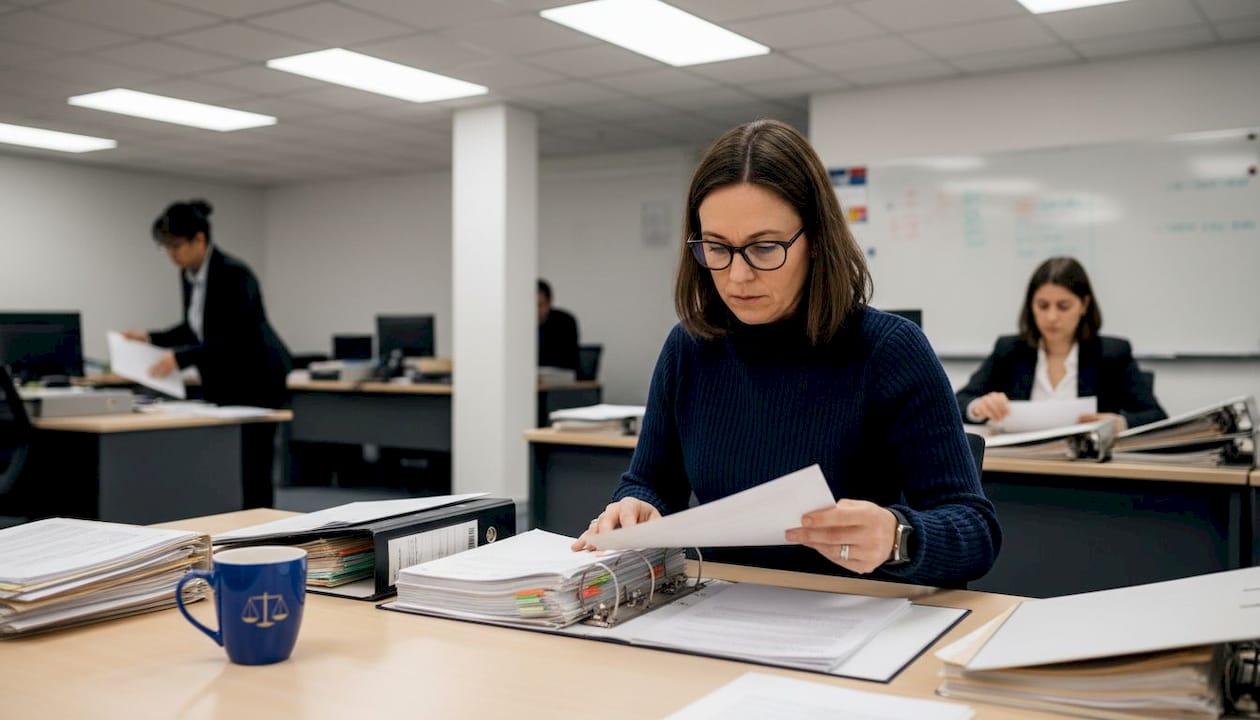 Paralegal reviewing case evidence at office table