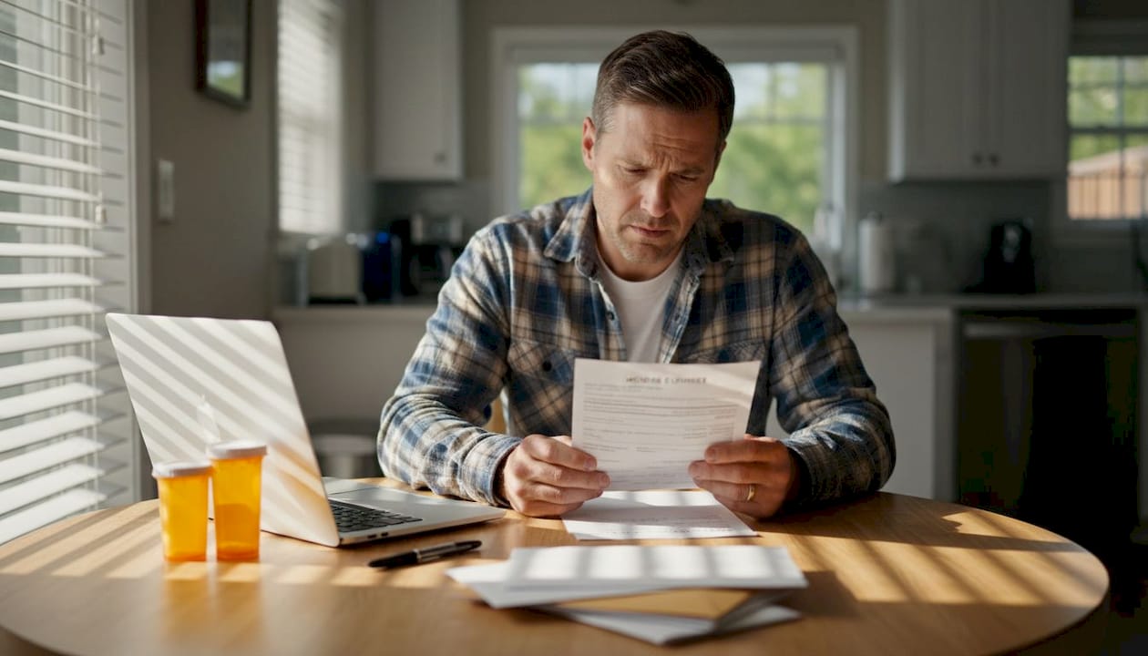 Man reading medical bill in kitchen