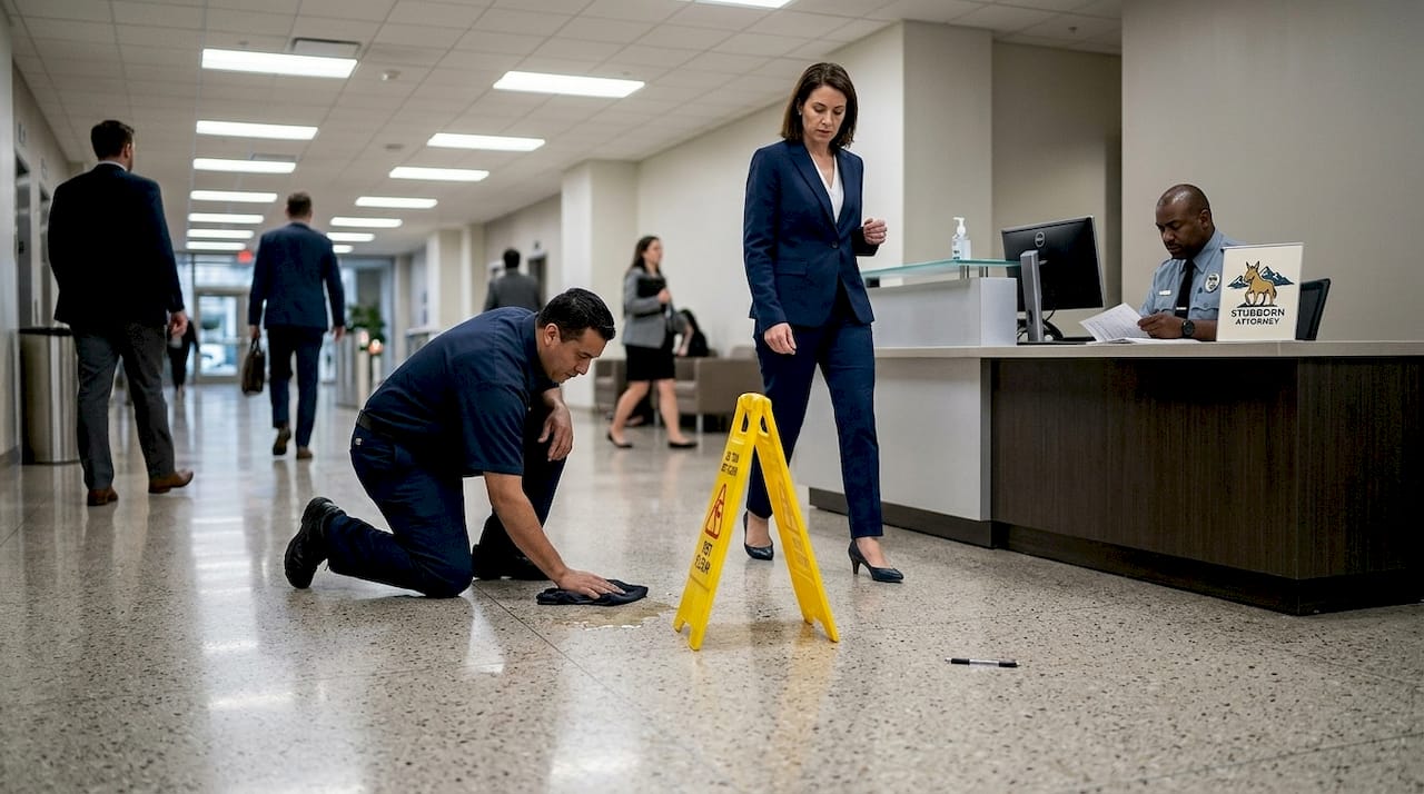 Janitor cleaning near wet floor sign in lobby