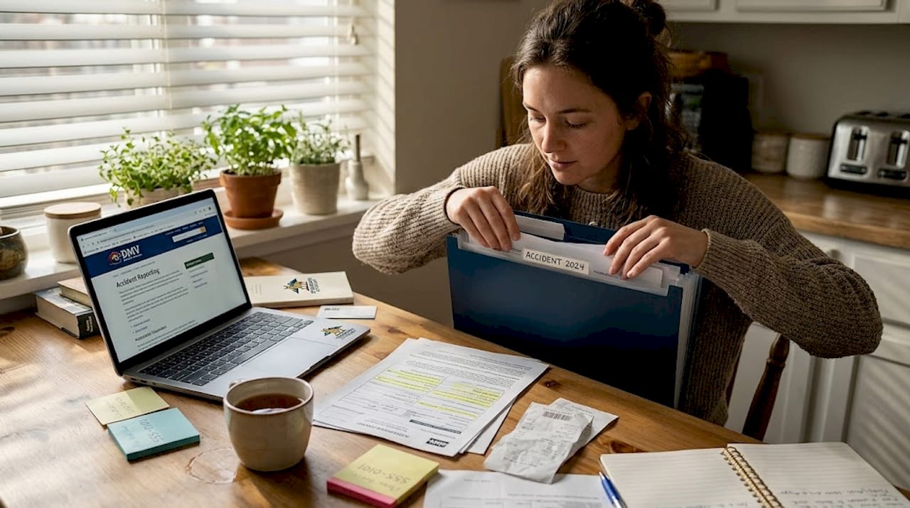Accident paperwork organized into folder at kitchen table