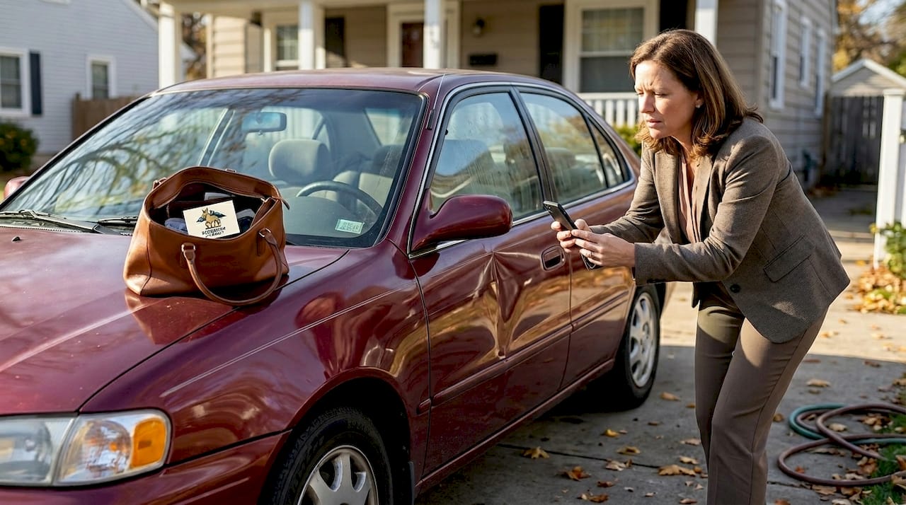 Woman photographing car accident damage for claim