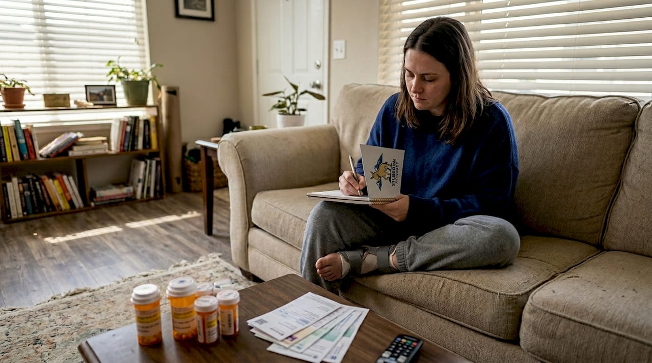 Woman writing recovery notes on living room sofa