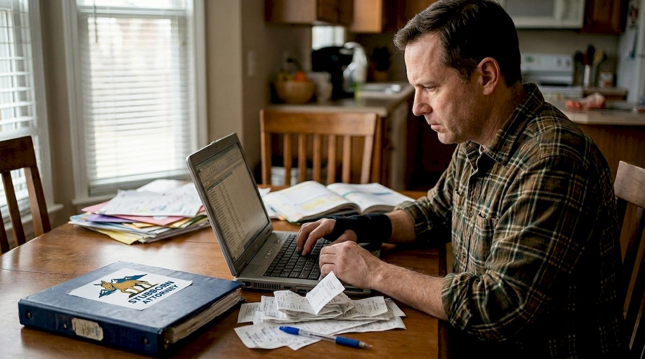 Man documents crash expenses at dining table