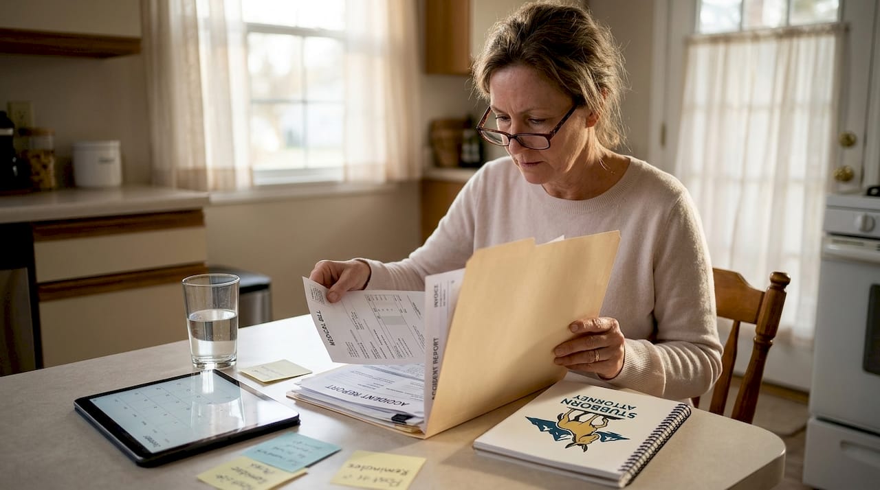 Woman organizing injury documents at home