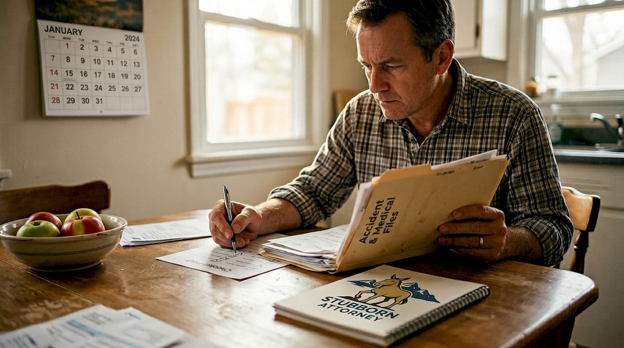 Man organizing injury claim paperwork at home