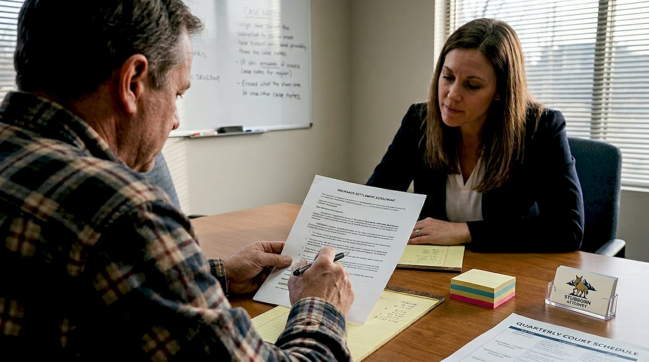 Attorney and client discuss insurance settlement