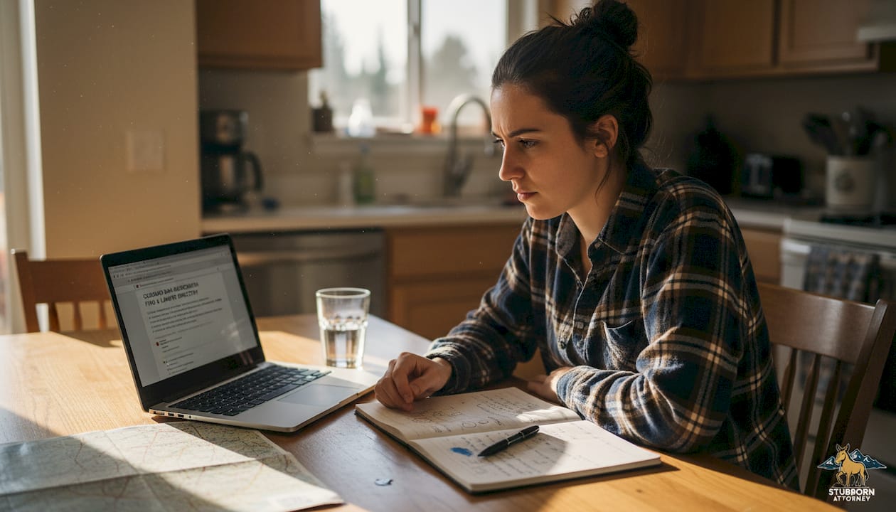 Woman searching lawyer directories at kitchen table
