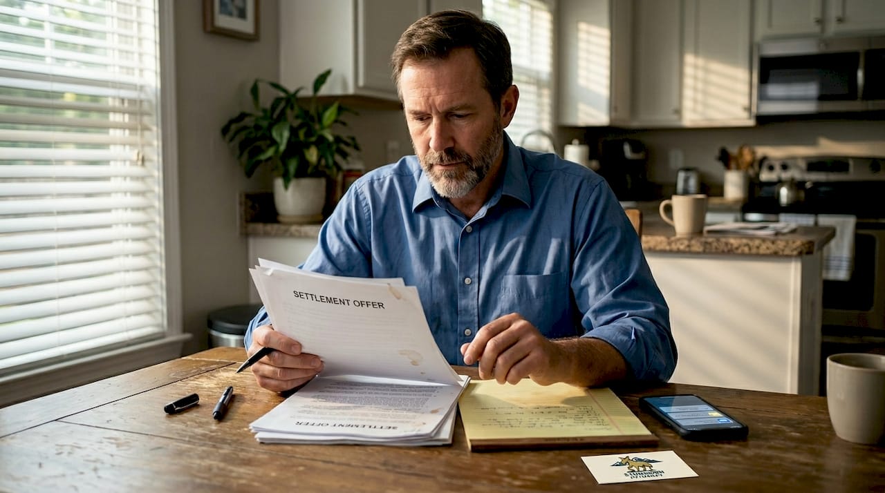 Man reading settlement paperwork at kitchen table