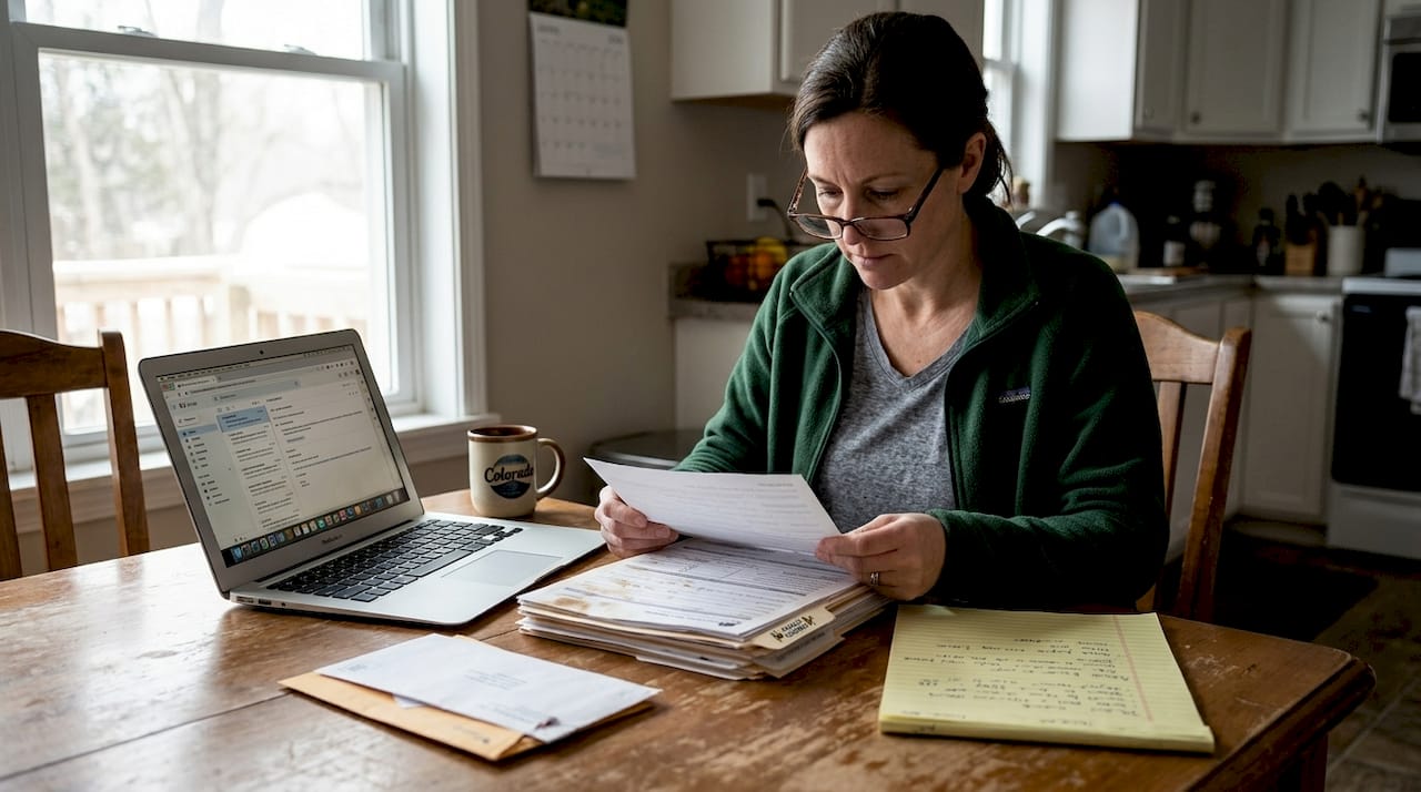 Woman organizing accident claim documents at table