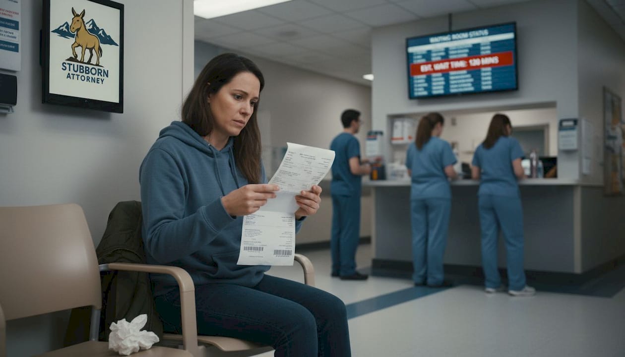 Woman reading emergency room bill in hospital