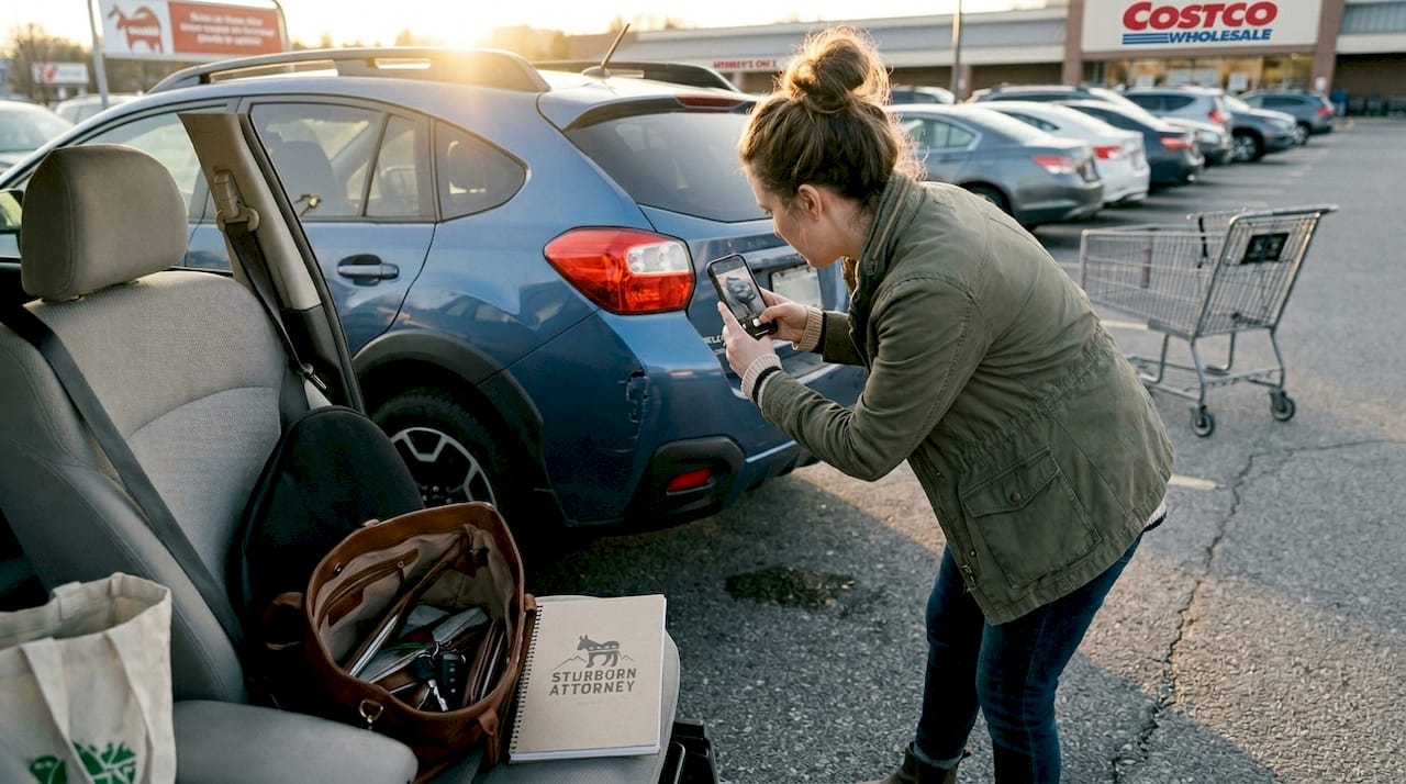 Driver photographing accident vehicle damage