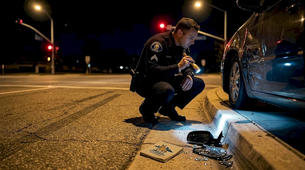 Officer examines crash site evidence at night