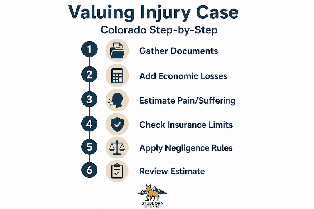 Infographic with six steps to injury case valuation
