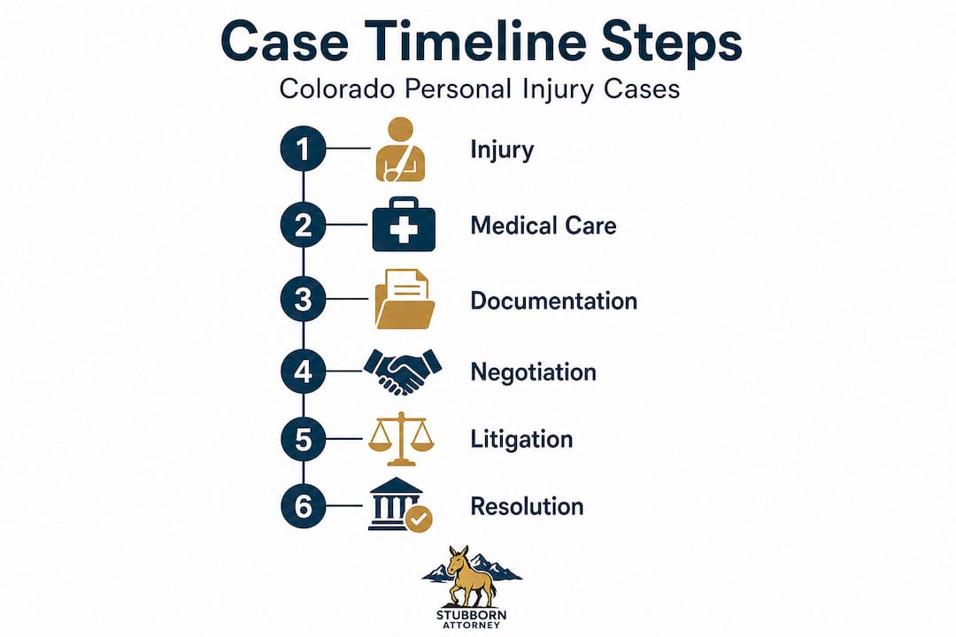 Infographic showing Colorado injury case timeline steps