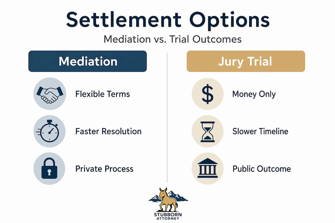 Infographic comparing mediation and jury trial outcomes