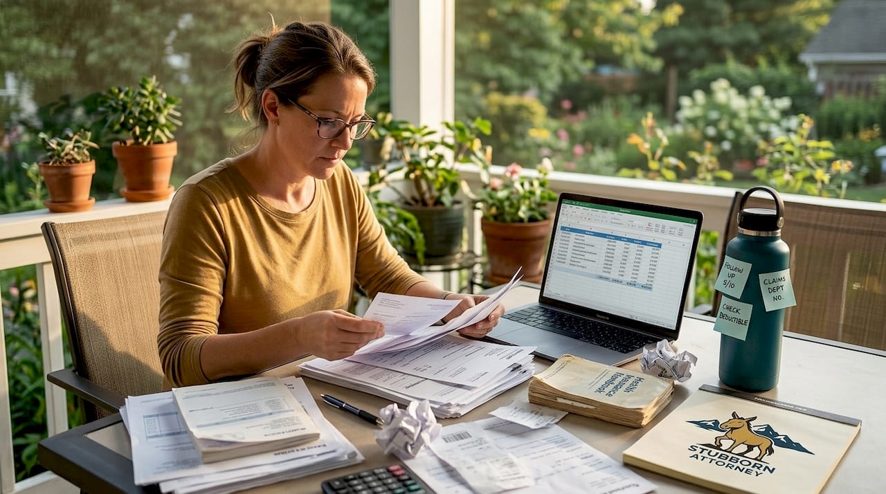 Woman sorting medical bills after accident