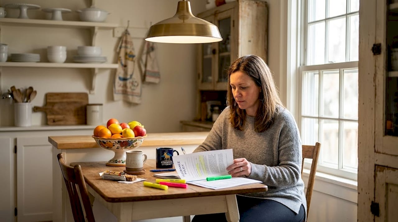 Woman reviewing insurance policy in home office