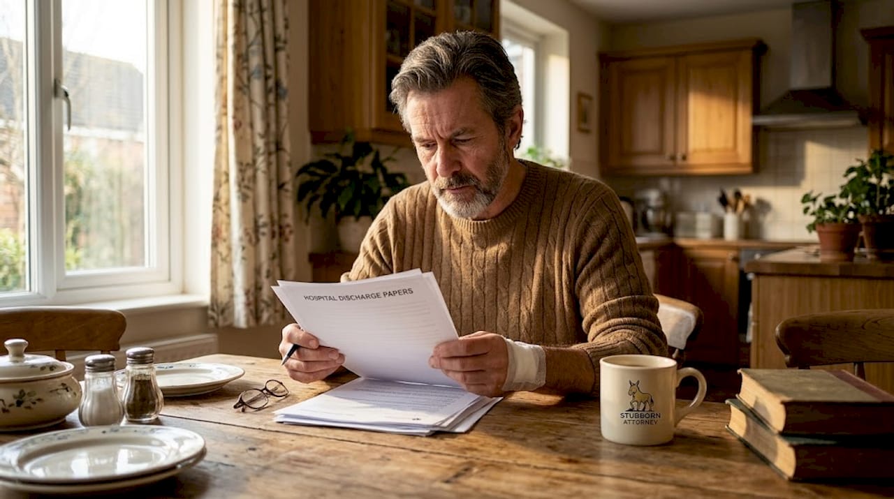 Man reviewing hospital papers after injury