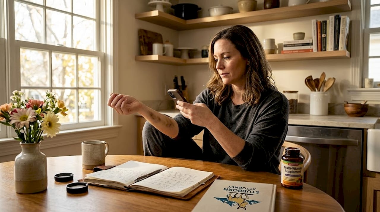 Woman documenting her injury recovery at home
