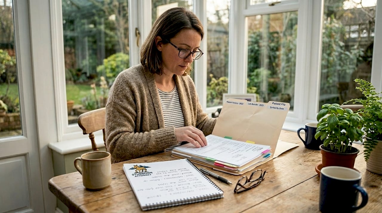 Woman organizes medical records at kitchen table