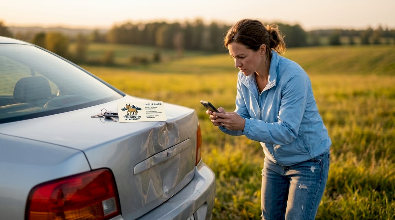 Woman photographing car accident damage on street