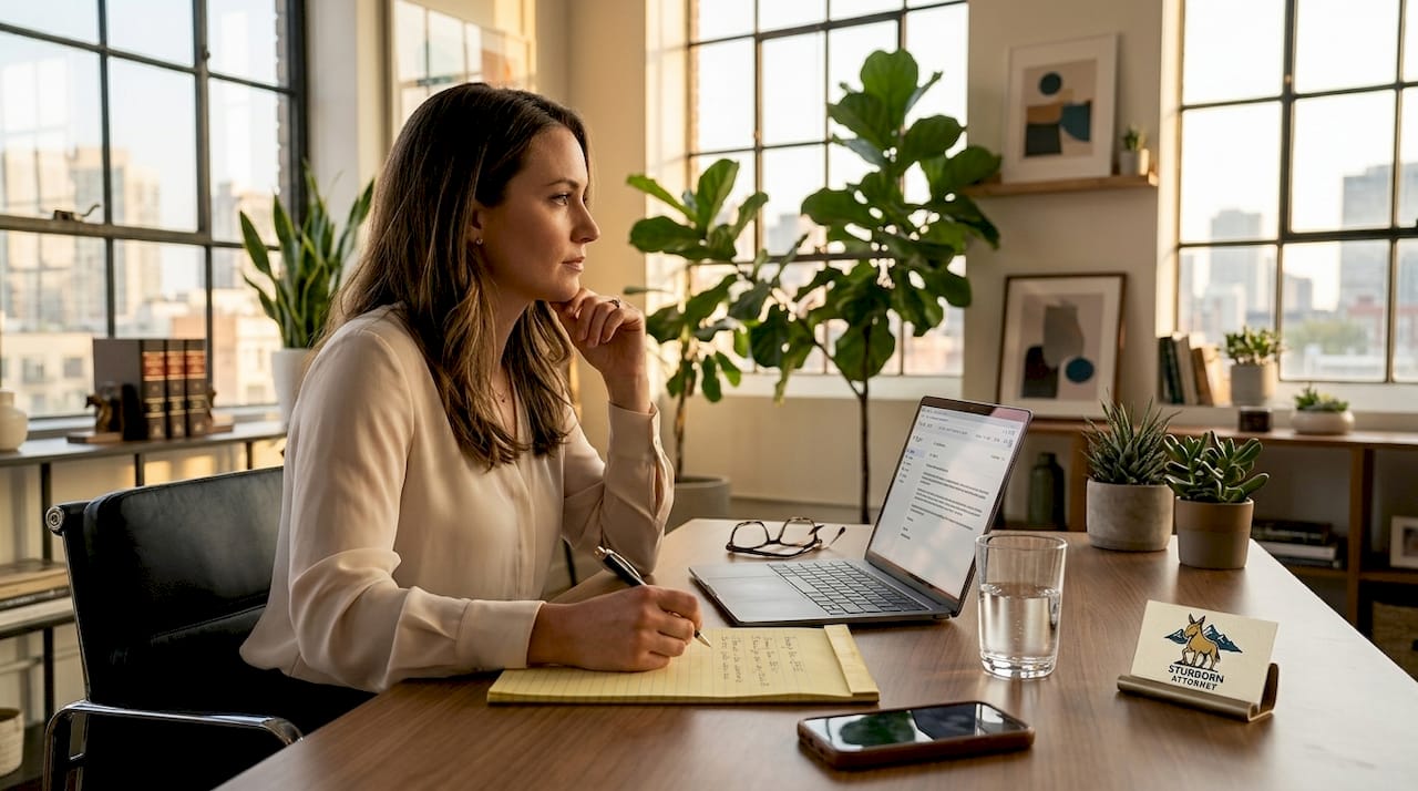 Attorney writing notes during negotiation at home office