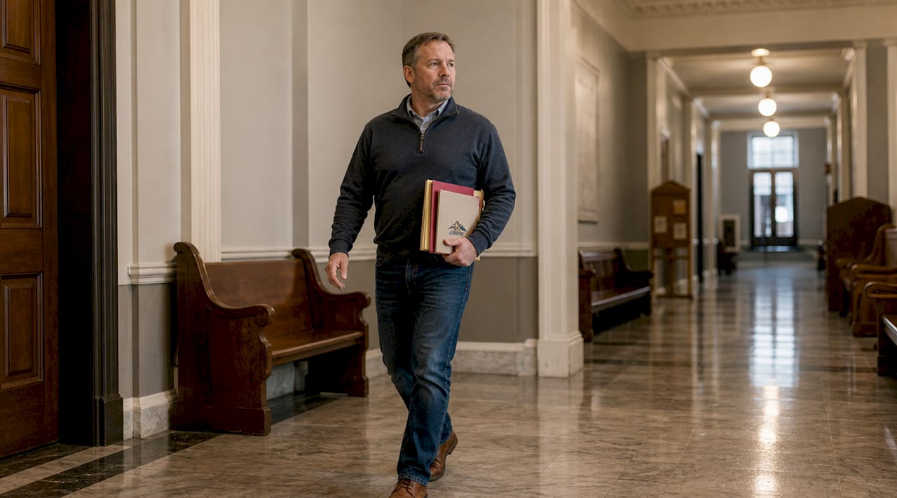 Local courthouse hallway with legal folder