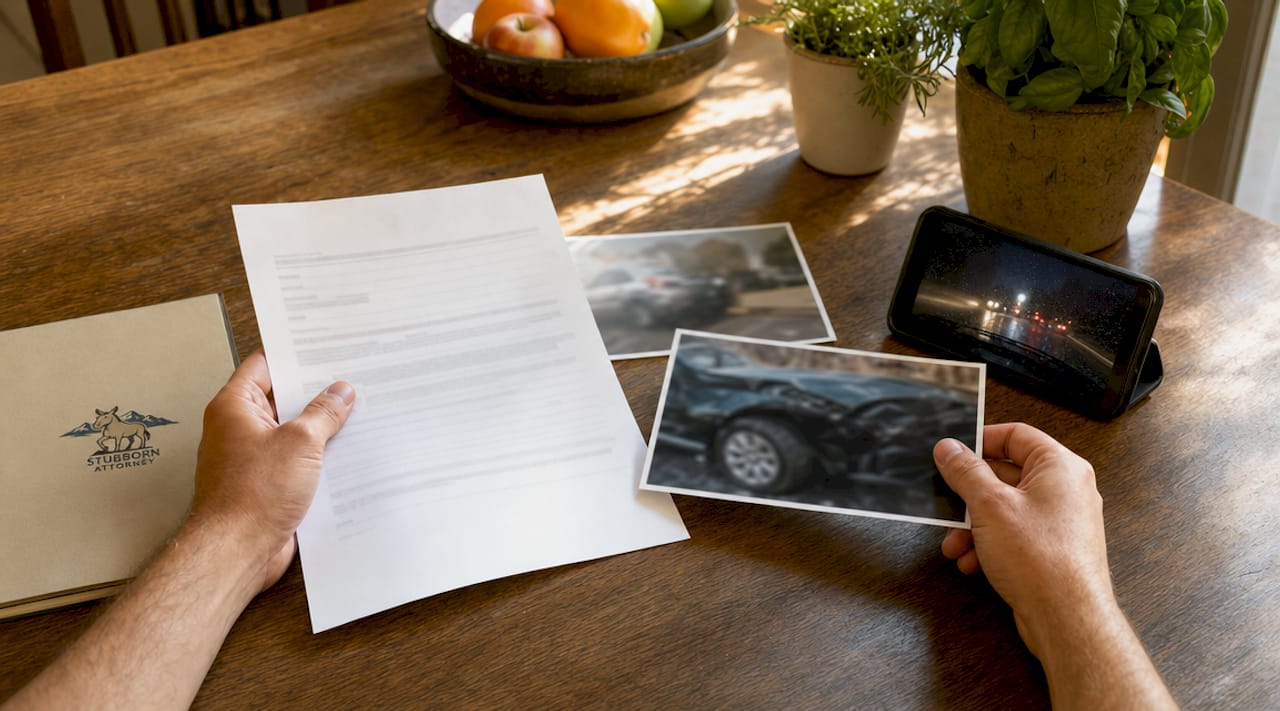 Hands organizing car accident evidence on table