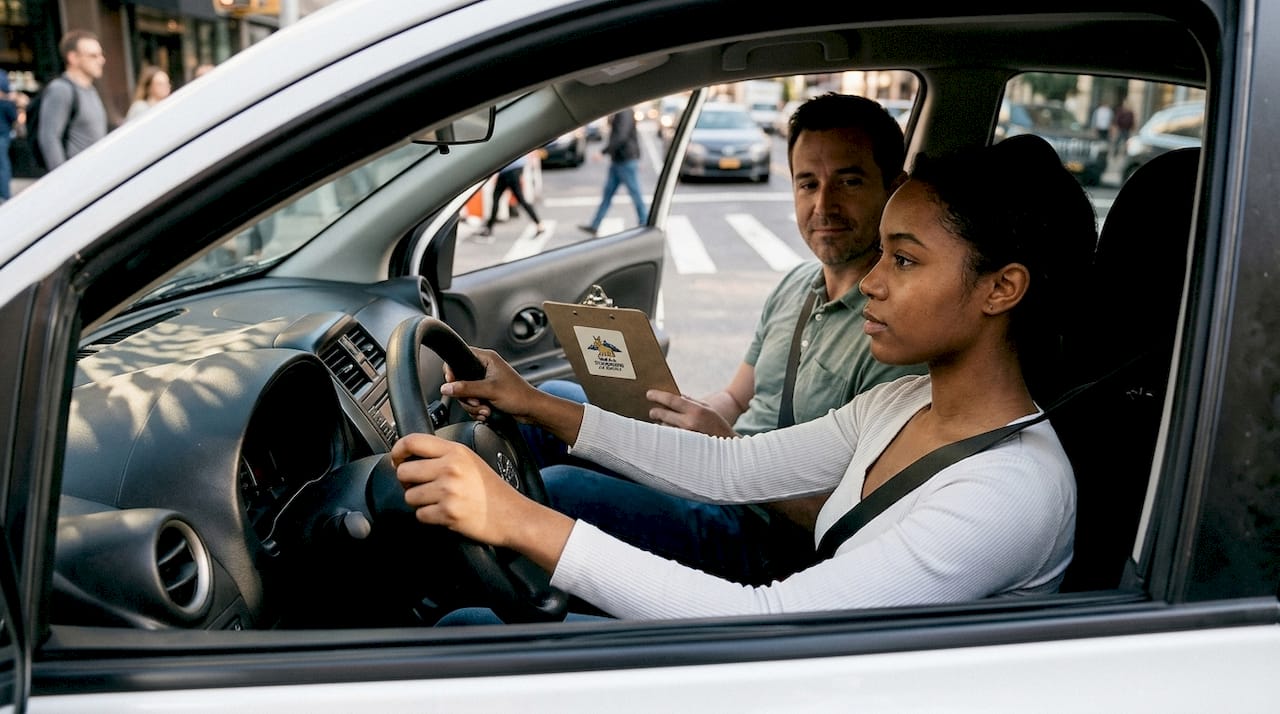 Woman driver during road test showing duty of care