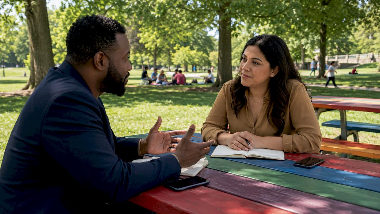 Two professionals discussing insurance coverage details