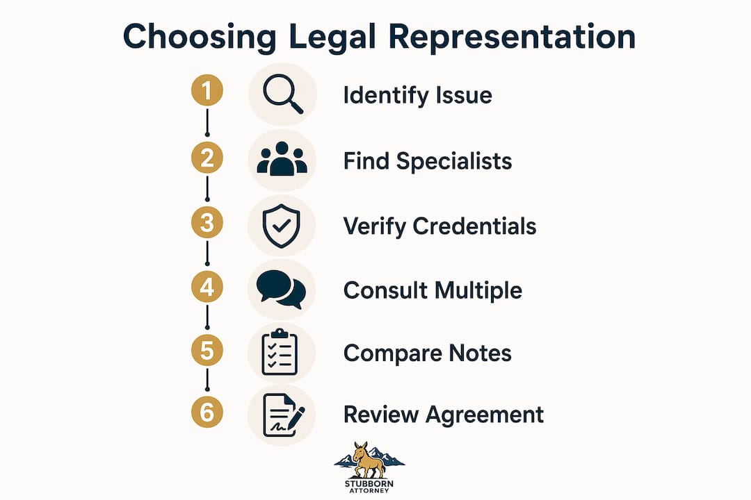 Infographic showing steps to choose legal representation