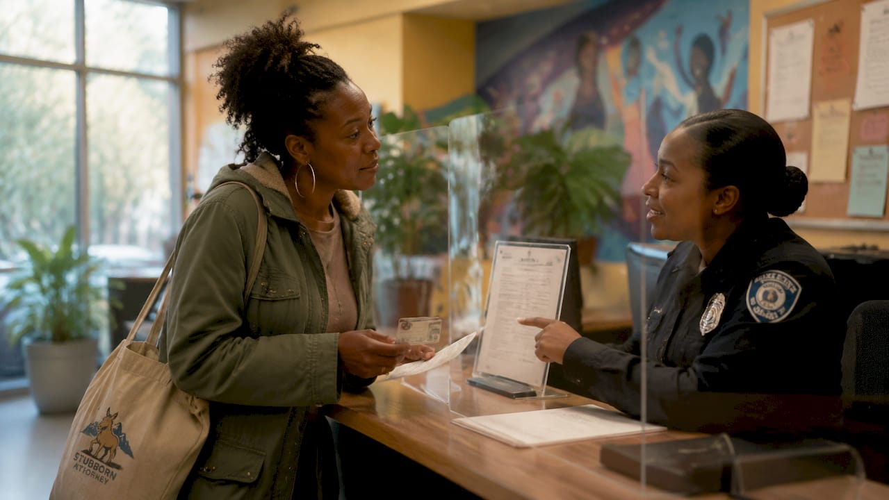 Woman requesting police report at public records desk