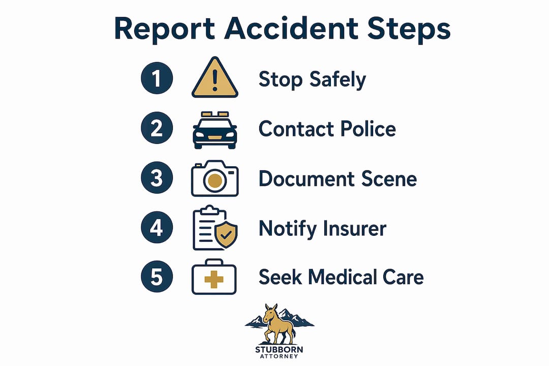 Infographic illustrating steps to report an accident immediately