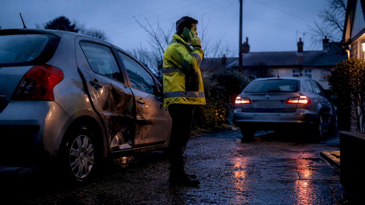 Man on phone beside damaged car after accident