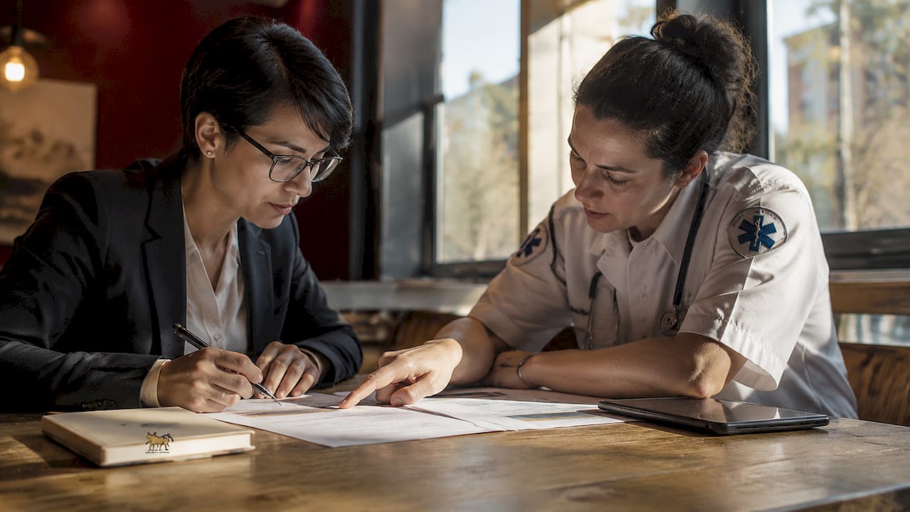 Attorney consulting with paramedic on injury details