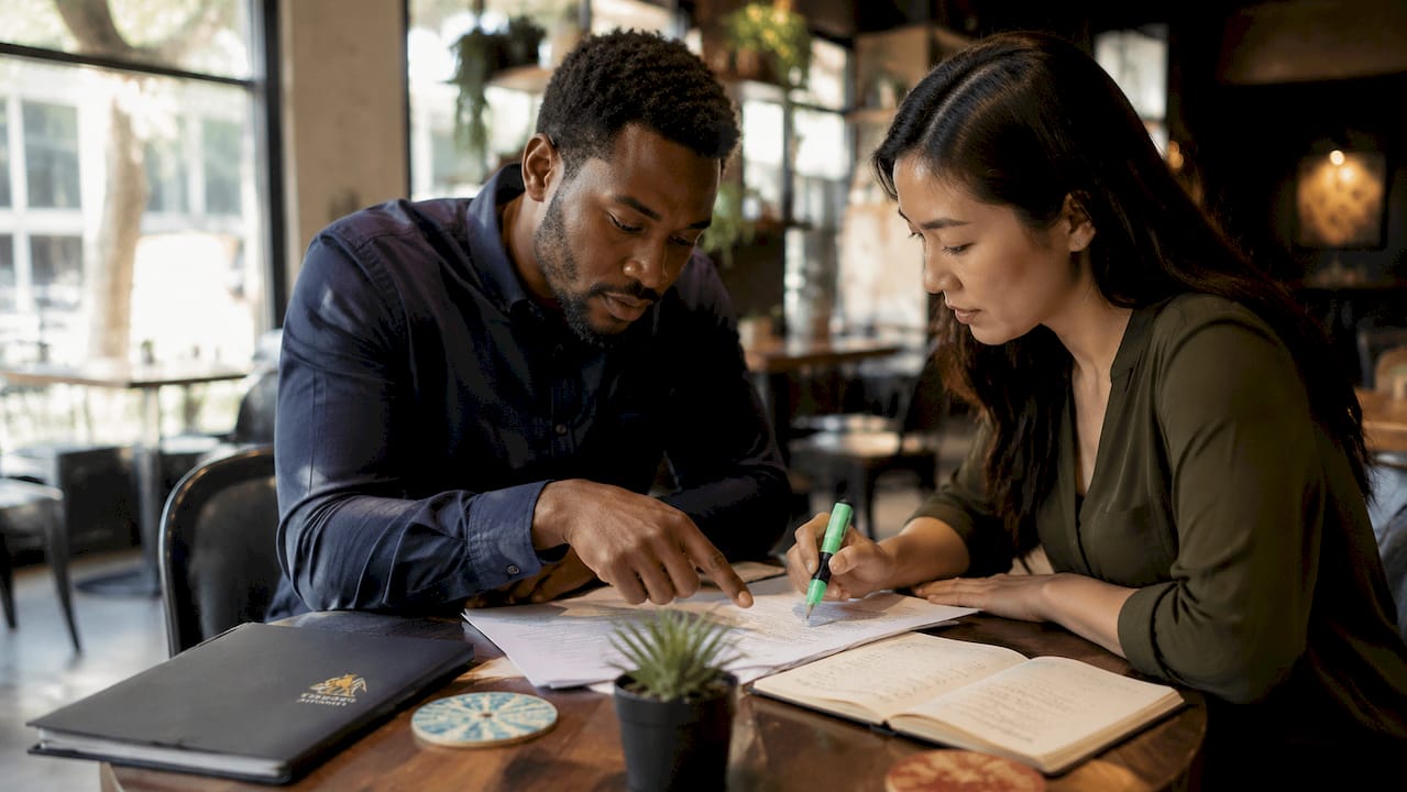 Two professionals reviewing insurance policy papers