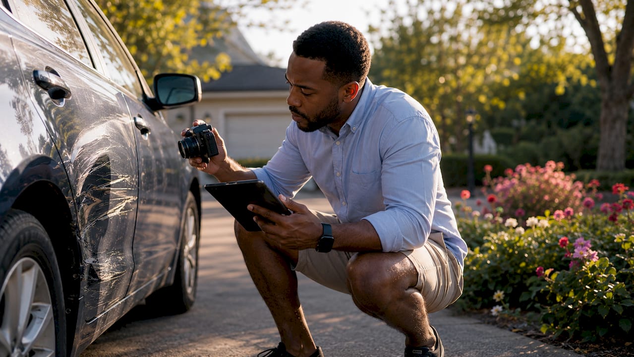 Insurance adjuster photographing car accident damage