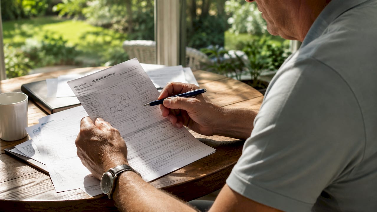 Close-up of hands reviewing police accident report on desk