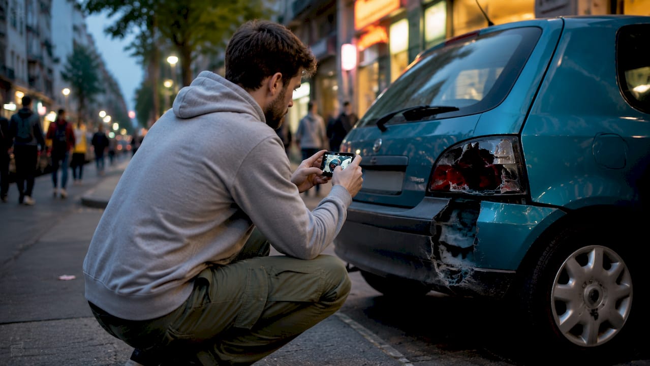 Man photographing damaged car after accident