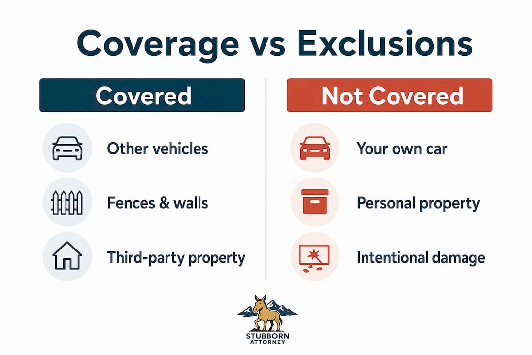 Infographic comparing covered and excluded property damage liability