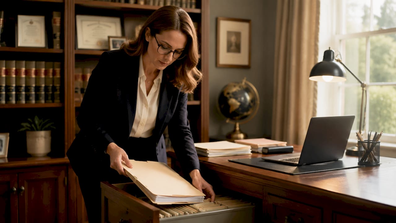 Lawyer filing client case folder in cabinet