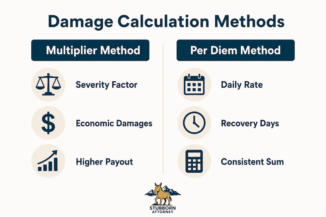 Infographic comparing multiplier and per diem damage calculation methods