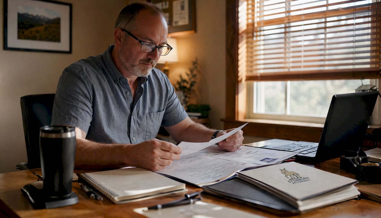 Driver reviewing accident documents at home table