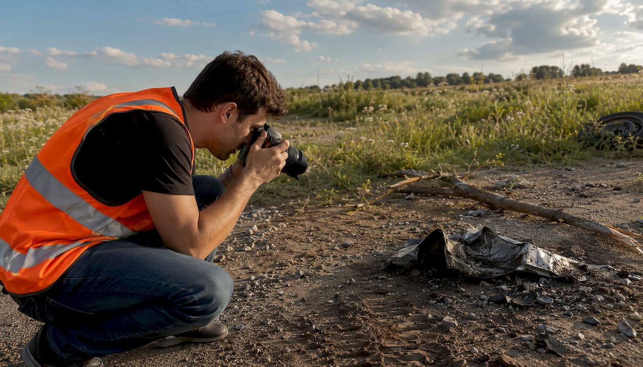Investigator photographing accident scene debris