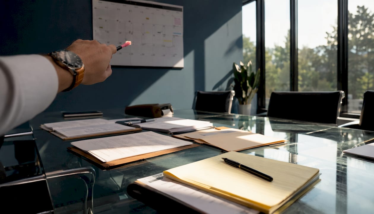 Hand marking timeline on calendar with legal files