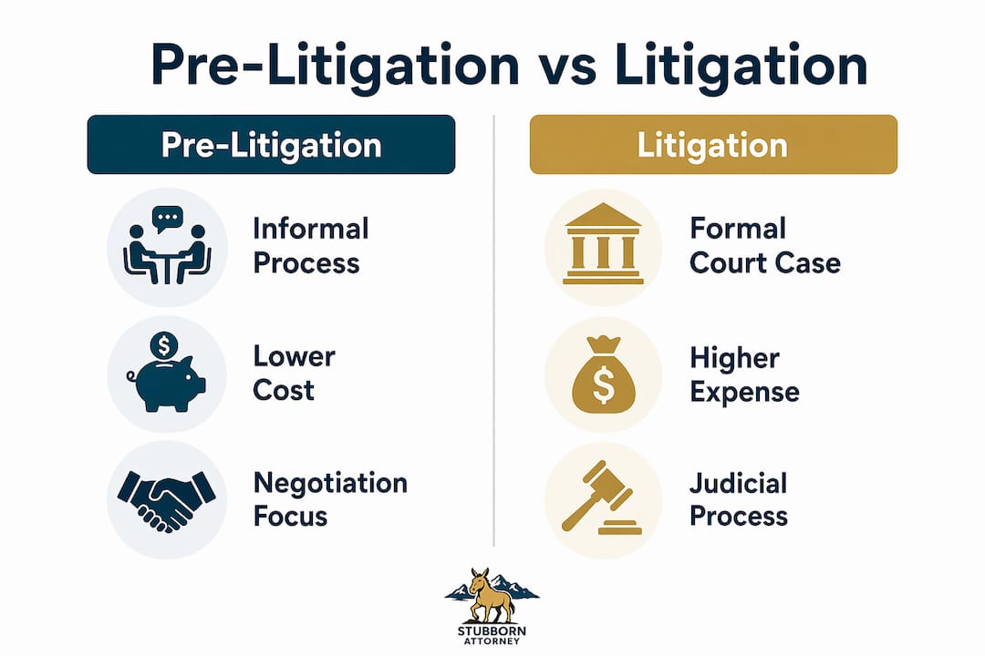 Infographic comparing pre-litigation and formal litigation processes