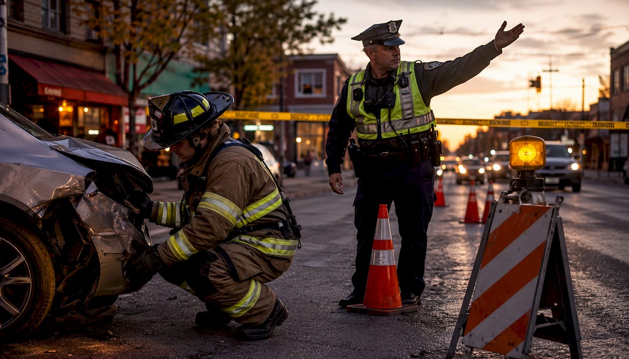 Firefighter and police officer securing accident scene