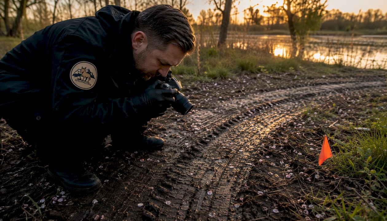 Investigator photographing tire track evidence outdoors